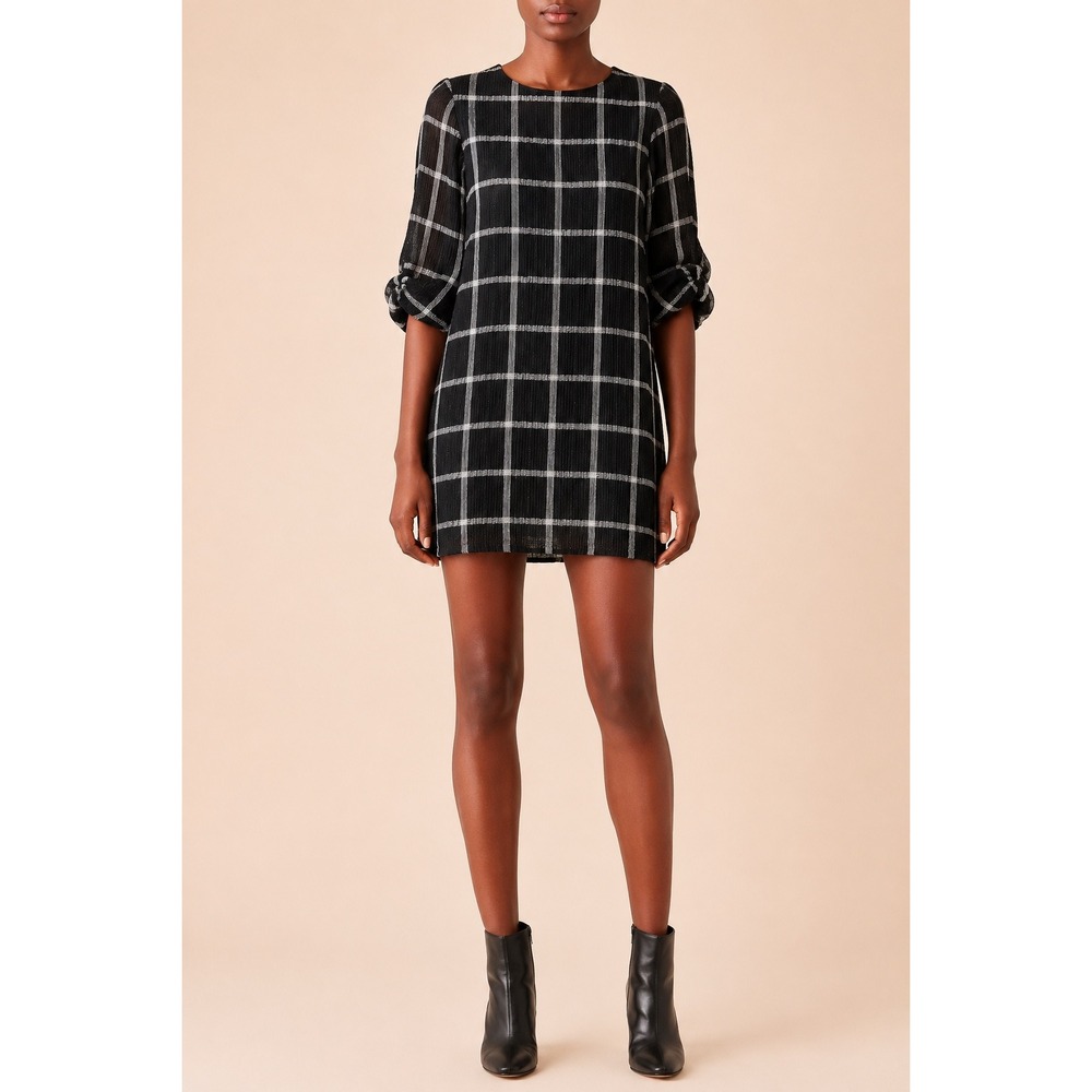 Amadi Womens XXS Petite Black White Windowpane Plaid Shift Mini Dress